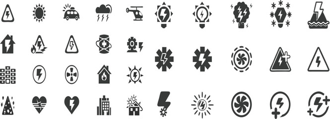Obraz premium Essential Warning and Safety Icons Set – Hazard, Energy, Weather, Health, Protection, and Risk Symbols for Industrial and Personal Use