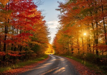 Fototapeta premium Sunlit Autumn Road - Vibrant Maple Canopy Winding Path.