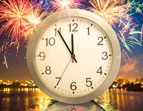 A clock showing midnight, with vibrant fireworks exploding above a city reflecting on water.