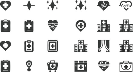 Healthcare and hospital icon set with medical reports, heart care, clinics, and emergency symbols for apps, websites, and infographics.