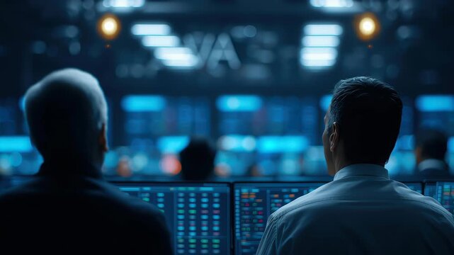 Two men in business attire monitor ai stock value and finance data on large digital screens in modern office, focused analytical atmosphere