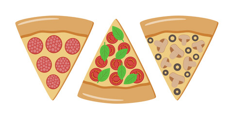 Set of pizza slices with sausage, tomatoes, champignons, olives, vector illustration, flat style. Traditional Italian fast food.