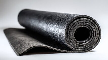 Ultra quality image of black yoga mat is rolled up and laying on a white background.
