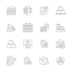 Minimalist Inventory Editable Line Icon Set. Vector Illustrations of Stock Management, Warehouse, Logistics, Supply Chain, Product Storage, Checklist, Delivery, Business Resources, and Goods Tracking