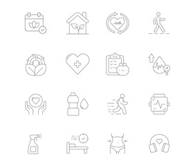 Healthy Lifestyle Editable Icon Set. Vector Illustrations of Fitness, Nutrition, Wellness, Yoga, Exercise, Balanced Diet, Mental Health, Sports, Organic Food, and Active Living Habits