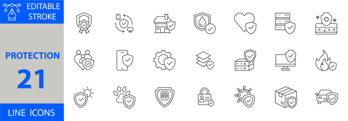 Minimalist Protection Icon Set. Vector Illustrations of Security, Safety, Shield, Privacy, Guard, Defense, Insurance, Cybersecurity, Health Protection, Data Safety, and Risk Prevention