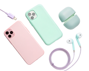 Mobile phone accessories including cases and earphones isolated on transparent background A collection of mobile phone accessories including phone cases and earphones, arranged on a white background.