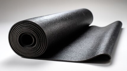 Ultra quality image of black yoga mat is rolled up and laying on a white background.