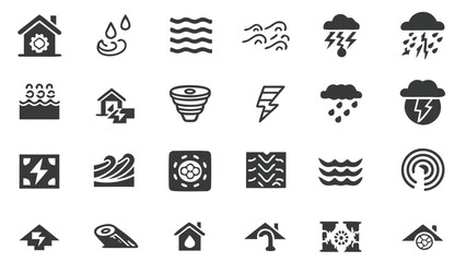 Disaster warning icons set with flood, storm, rain, lightning, tsunami, cyclone, and emergency hazard symbols for safety alerts