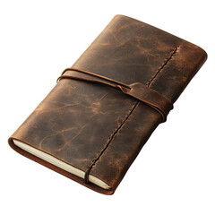 Handcrafted brown leather traveler's notebook with elegant stitching isolated on a white transparent background