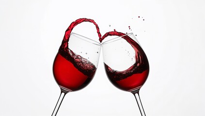 Two red wine glasses filled with red wine splashes in form a heart generative AI