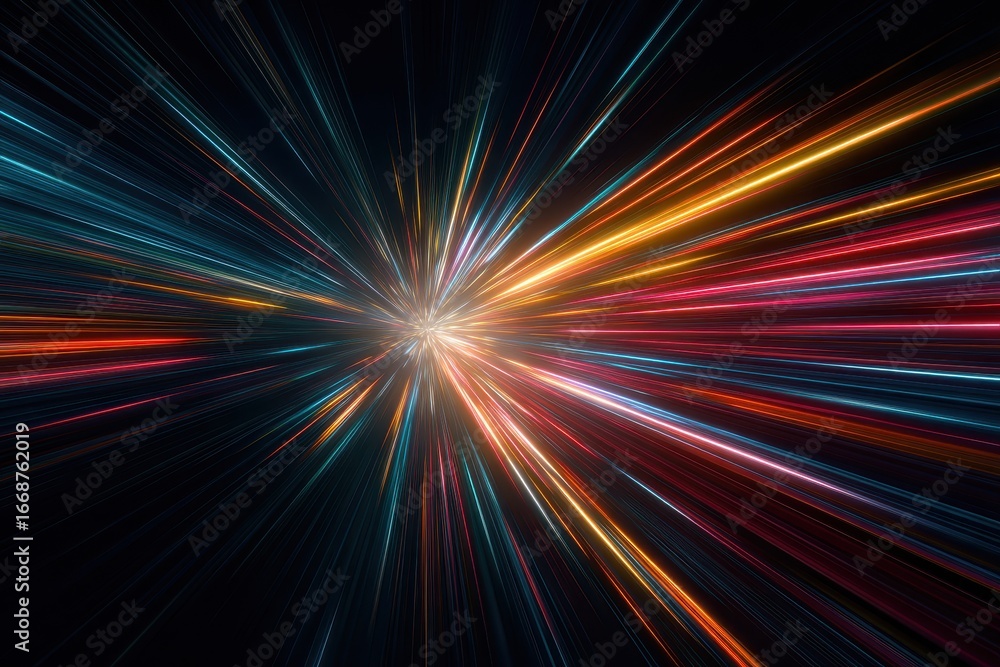 Poster bright colorful lines emanating from a central point on dark background. use for speed, technology, 