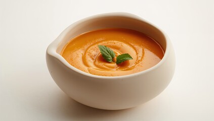 Creamy pumpkin soup served in a white ceramic bowl garnished with fresh mint leaves on a white background