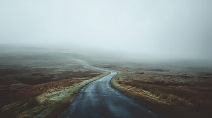 Fototapeta premium Winding Road Through Fog: A solitary road meanders through a landscape enveloped in a mysterious fog, creating a scene of quiet solitude and evoking a sense of journey and contemplation.