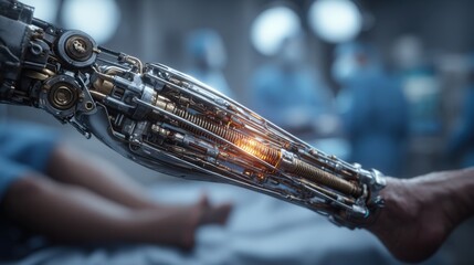 Male prosthetic technology concept showing modern limb replacement with patient and specialist in clinical environment