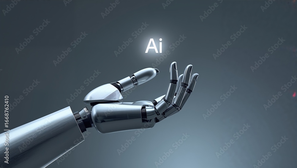 Poster robotic hand reaching upward with glowing text 