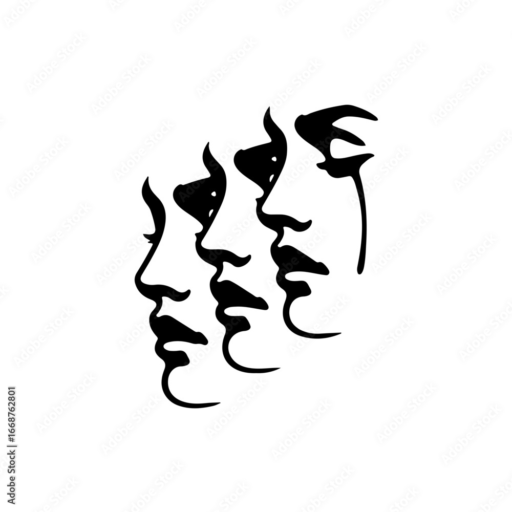 Poster captivating abstract depiction of three sorrowful faces in profile, conveying deep emotion and intro