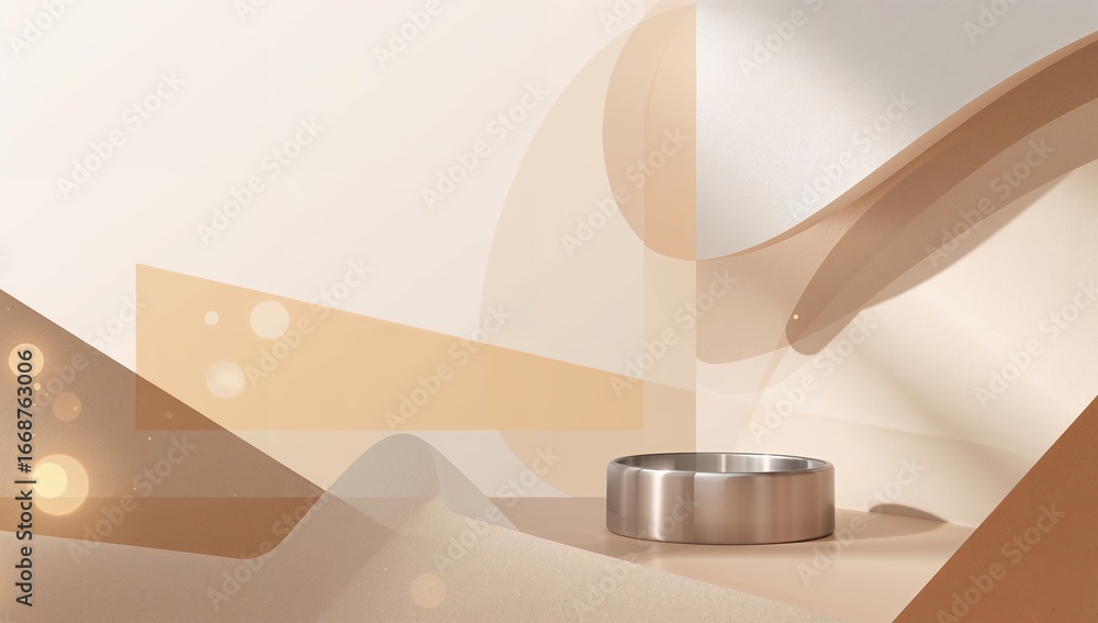 Poster minimalist composition with metallic ring on abstract beige background with soft geometric shapes an