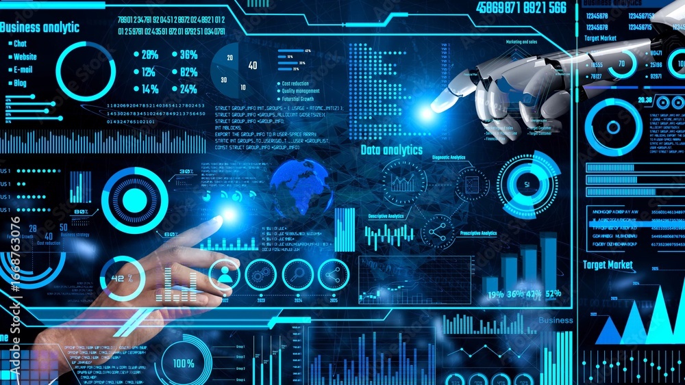 Poster ai artificial intelligence drives data analytics with predictive models, smart dashboards, and virtu