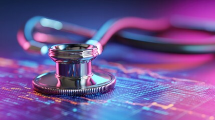 Ultra quality image of stethoscope rests elegantly on a vibrant digital health data background, symbolizing the fusion of medicine and technology for patient care.