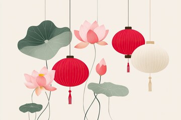 Obraz premium Pink lotus flowers and red paper lanterns hanging on a light beige background