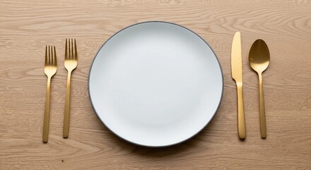 Elegant Table Setting with Gold Cutlery and White Plate on Wood | Minimalist Dining Arrangement for Restaurant Menus and Recipe Photography