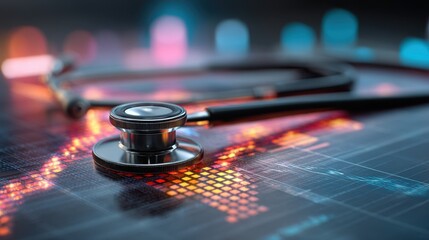 Ultra quality image of stethoscope rests elegantly on a vibrant digital health data background, symbolizing the fusion of medicine and technology for patient care.