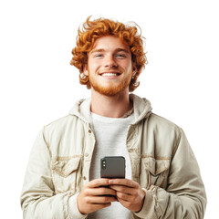 Fototapeta premium Handsome young man holding a phone isolated on a white transparent background