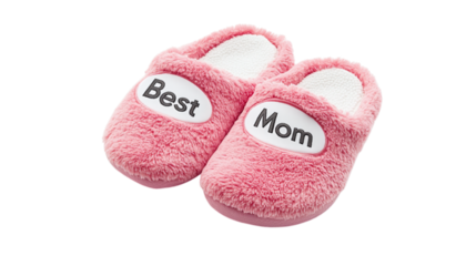 • A pair of personalized Mother’s Day slippers with "Best Mom" text, isolated on white background in HD 