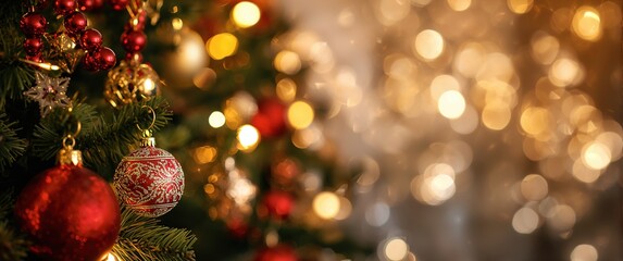 Close-up of decorated Christmas tree with red and gold ornaments and blurred festive lights in the background