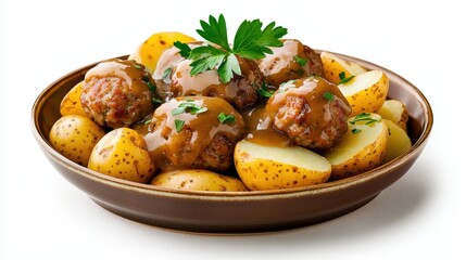 Fototapeta premium Traditional hearty meatballs served with boiled baby potatoes and fresh parsley in a rustic brown bowl, showcasing a comforting homemade dish for family meals