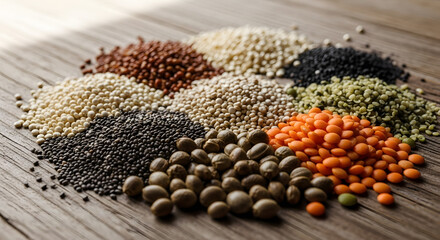 Piles of Assorted Dry Legumes and Grains on Wood