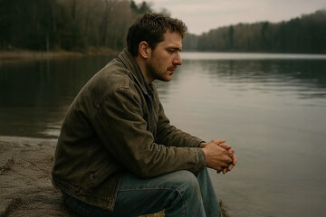 A man sitting on the shore of a calm lake, deep in thought, enjoying peaceful nature.