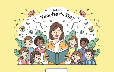 Teacher's Day poster showing students around smiling, confetti and floral decorations/minimal line art with pastel tones, “Happy Teacher’s Day”