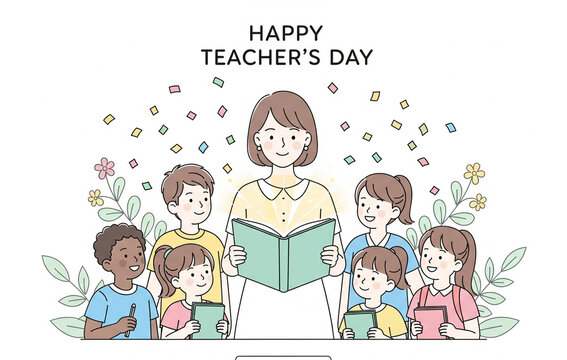 Teacher's Day poster showing students around smiling, confetti and floral decorations/minimal line art with pastel tones, “Happy Teacher’s Day”