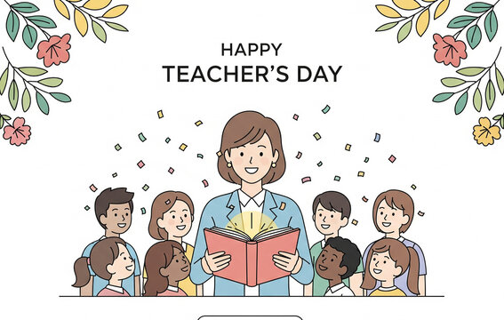 Teacher's Day poster showing students around smiling, confetti and floral decorations/minimal line art with pastel tones, “Happy Teacher’s Day” - Powered by Adobe