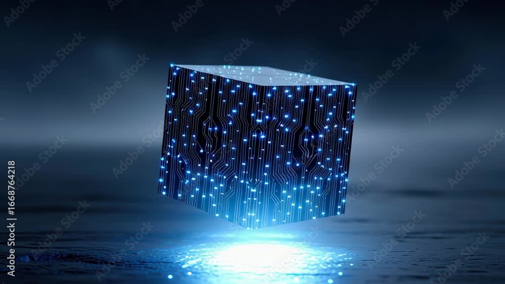 Aufkleber futuristic ai value cube with glowing blue digital circuit pattern floating above surface, technolog
