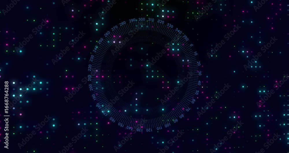 Poster faint circular gauge appearing on neon grid rotating clockwise and dot matrix pulsing for data flow