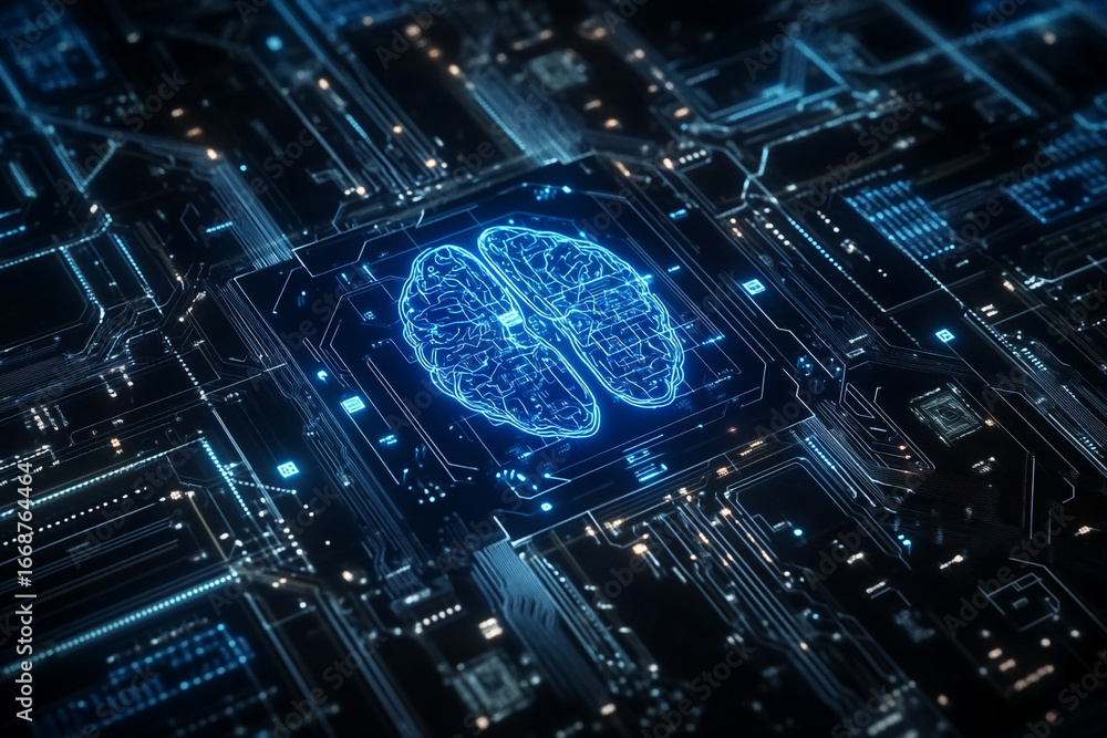 Poster digital brain on a circuit board artificial intelligence technology future innovation