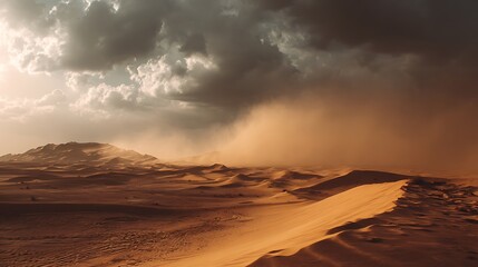 Naklejka premium Desert Storm: A dramatic landscape shows a sandstorm sweeping across a vast desert, dark clouds looming above, the powerful forces of nature on display.