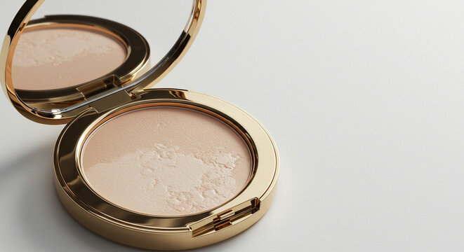 Embalagem dourada de p&oacute; compacto blush maquiagem em fundo branco close up