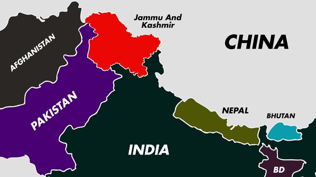 4K Map Animation Depicting India And Pakistan Dispute With Highlighted Jammu And Kashmir Region Pulsing And Blinking Smoothly Among Labeled Countries