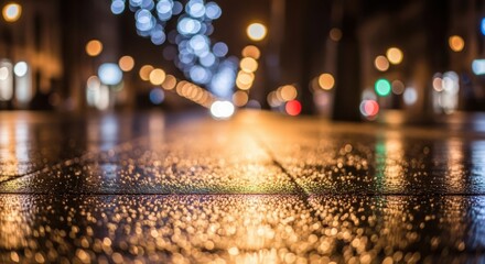 Obraz premium Reflective Wet Pavement With Blurry City Lights At Night