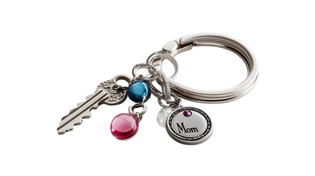 • A personalized "Mom" keychain with a charm and birthstones, isolated on white background in HD