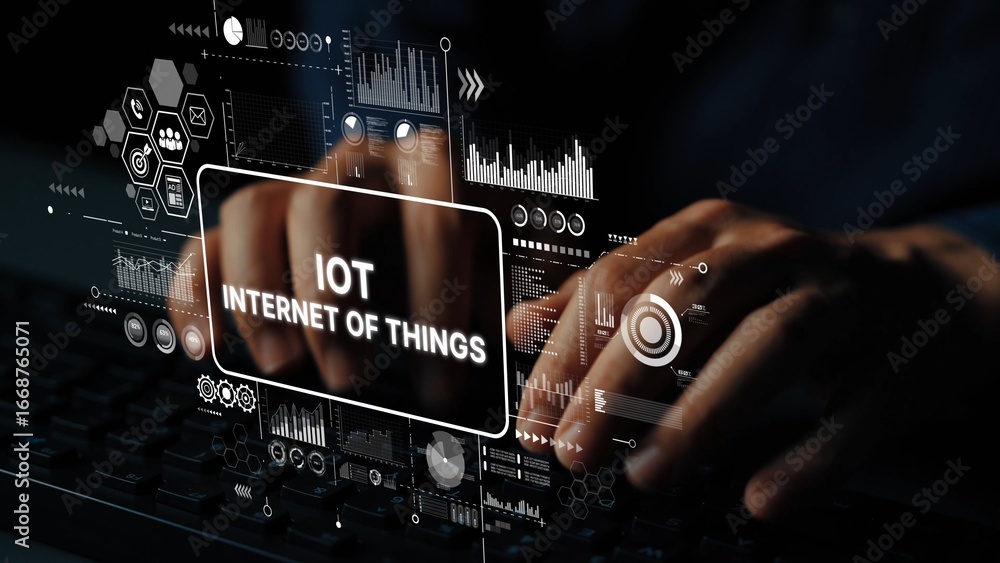 Poster hands typing on keyboard with digital icons representing internet of things concept and data visuali