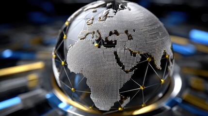 Metallic Globe with Network Lines and Connections on Dark Background