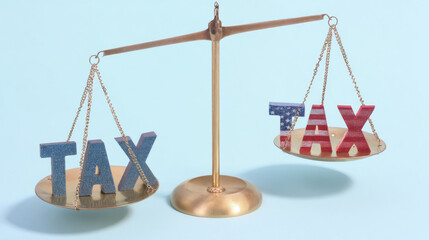 US Tax Burden: Scales with 'TAX' Blocks, American Flag Theme