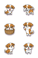 Cute chibi dog sticker vector set featuring adorable puppies in playful and funny poses, perfect for kawaii designs, funny chat stickers, and cartoon collections.