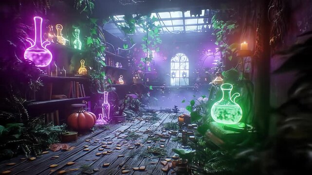 Fantasy magical potion room with glowing bottles plants and enchanted atmosphere

