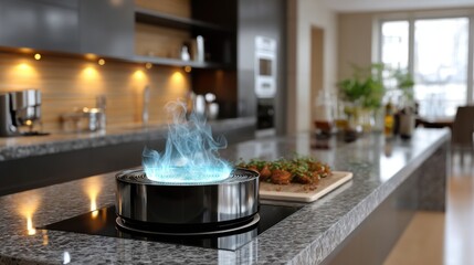 Modern Kitchen with Futuristic Gas Burner and Delicious Meal Preparation